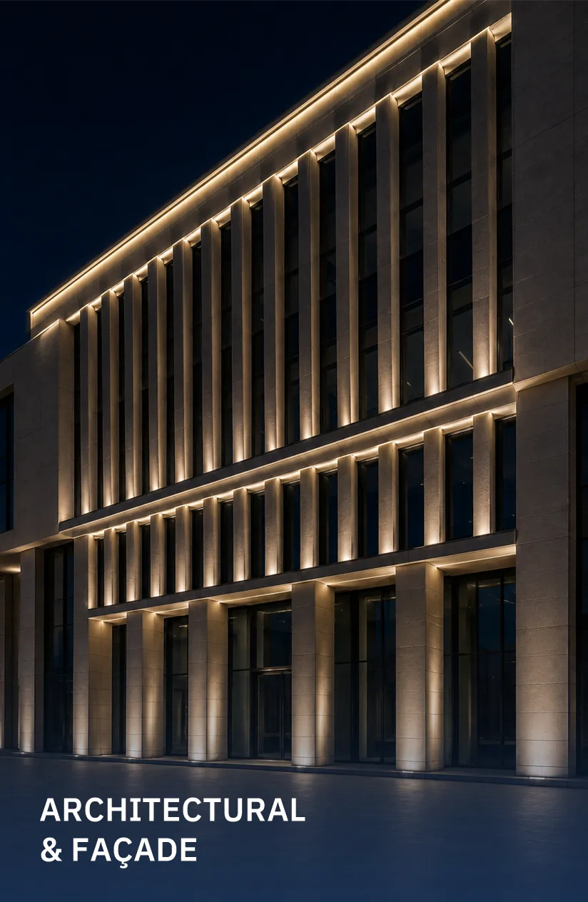 Contemporary building façade illuminated with precise linear grazing lights