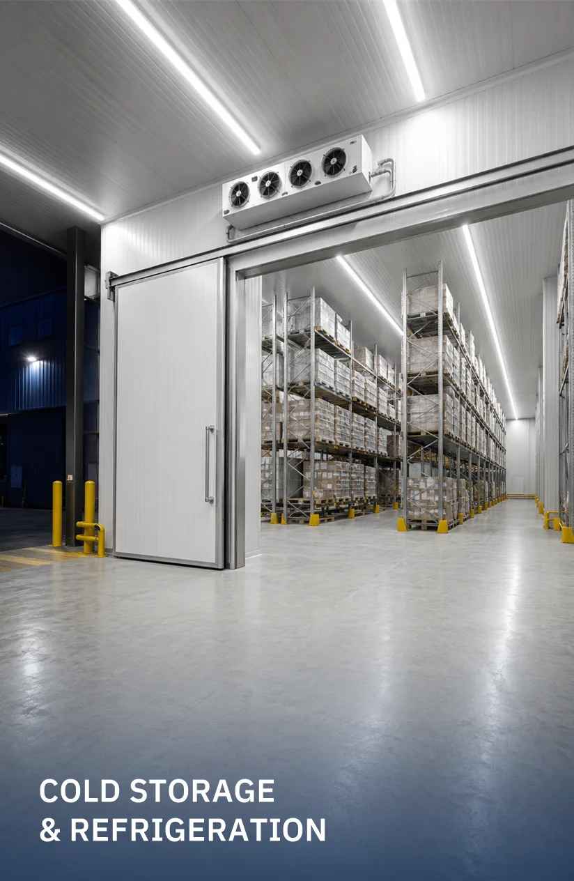 Industrial cold-storage facility illuminated with sealed linear LED fixtures
