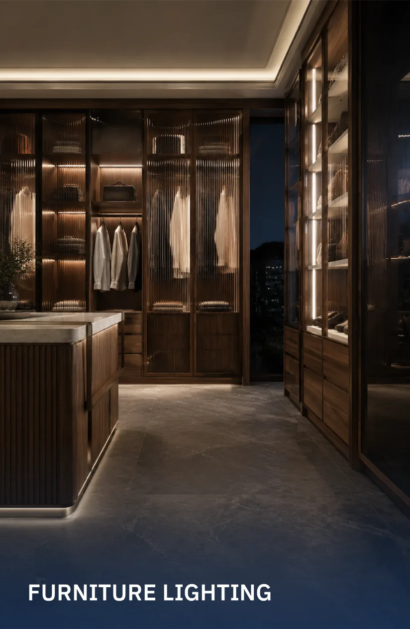 Illuminated premium wardrobe with integrated linear LED lighting