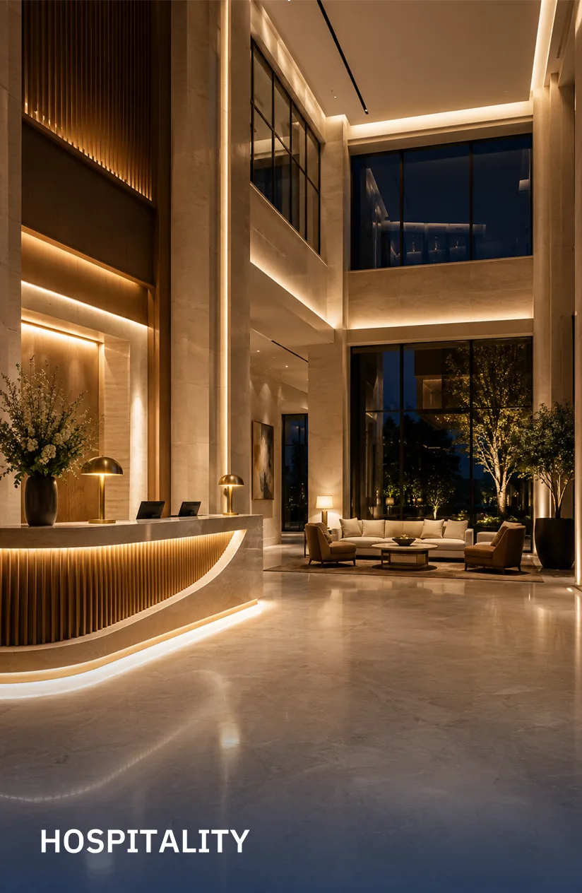 Premium hotel lobby illuminated with integrated cove and linear lighting