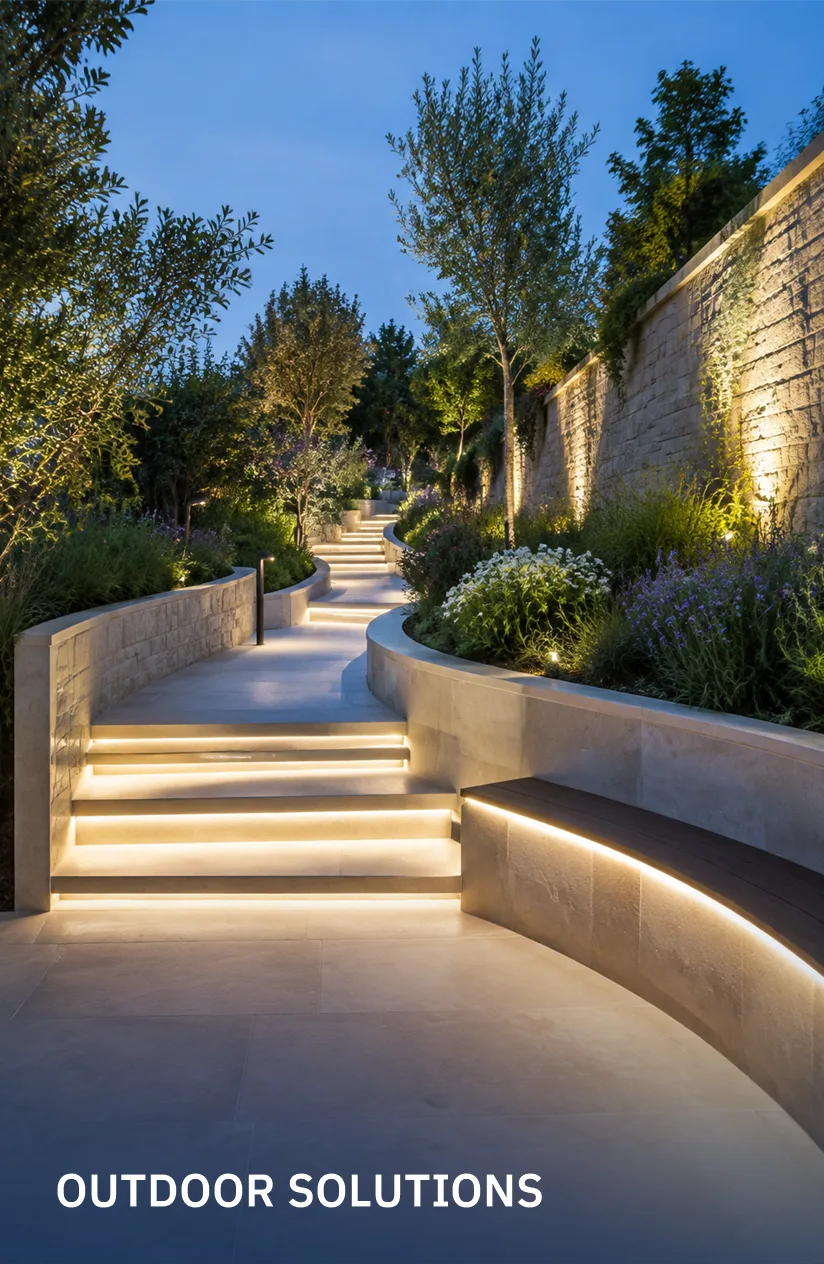 Landscaped outdoor pathway illuminated with integrated step and linear lighting