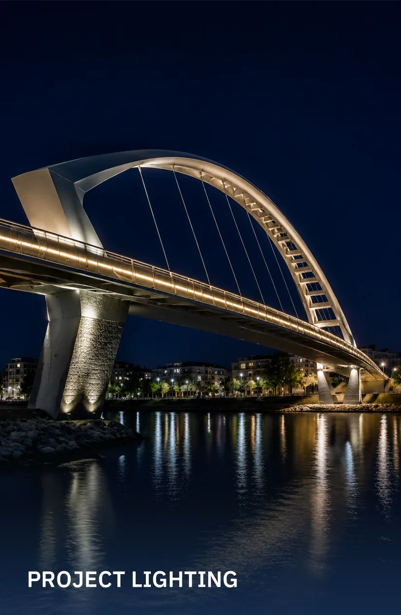 Monumental bridge illuminated with integrated architectural linear lighting