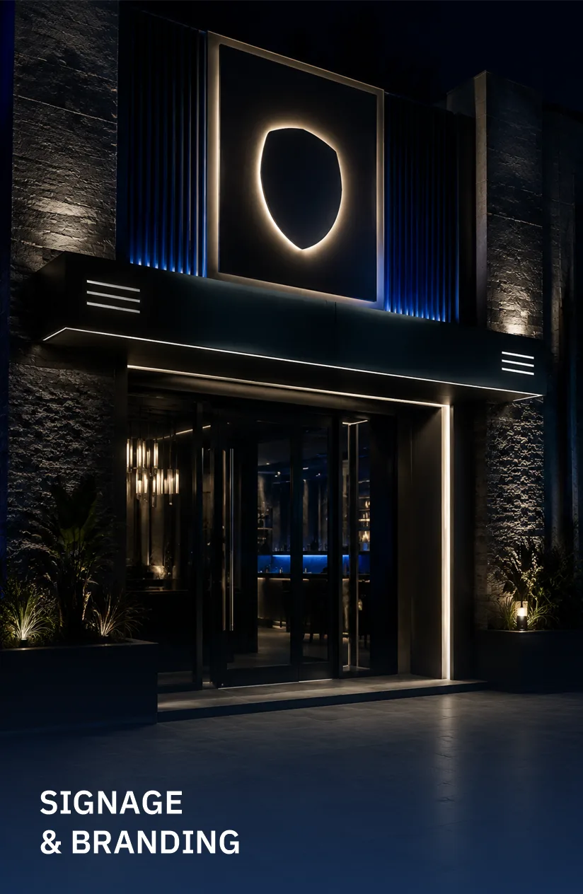 Premium nightlife entrance with illuminated signage and architectural lighting