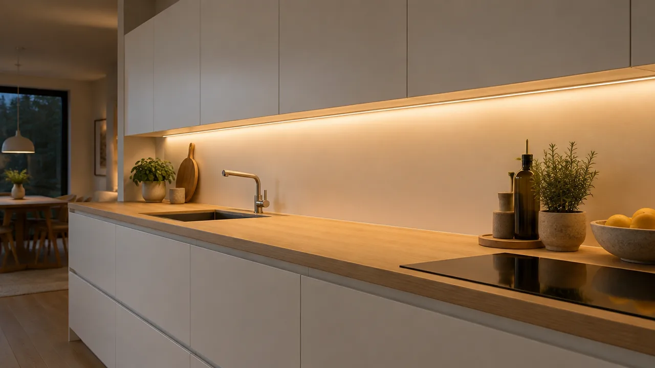 Linear LED profile under kitchen wall cabinets lighting the worktop