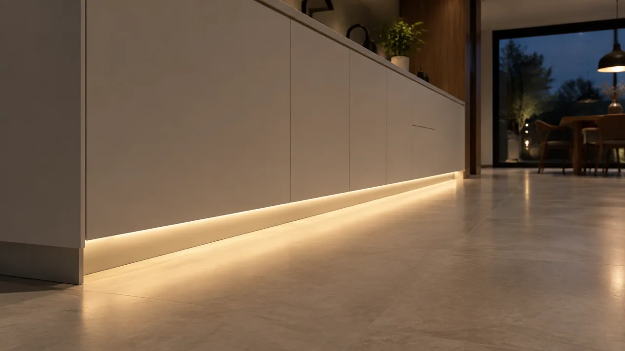 Linear LED line along the toe-kick of kitchen base cabinets