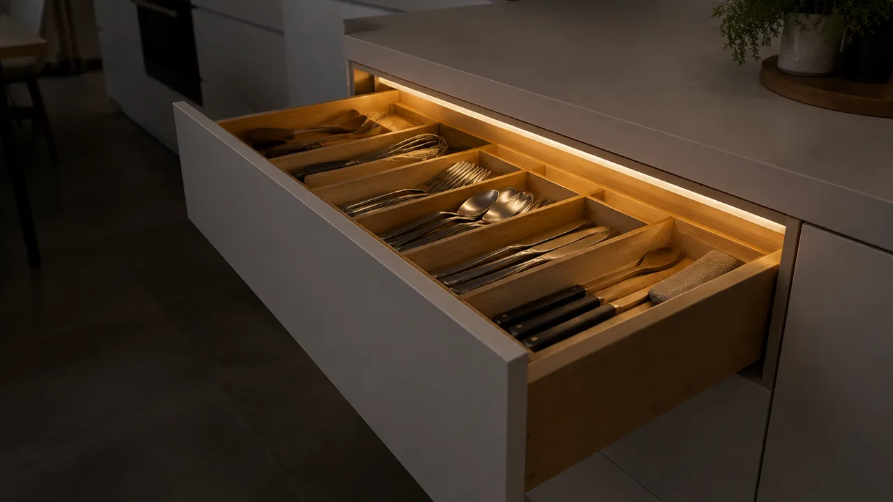 Open kitchen drawer lit by an LED strip inside the carcass