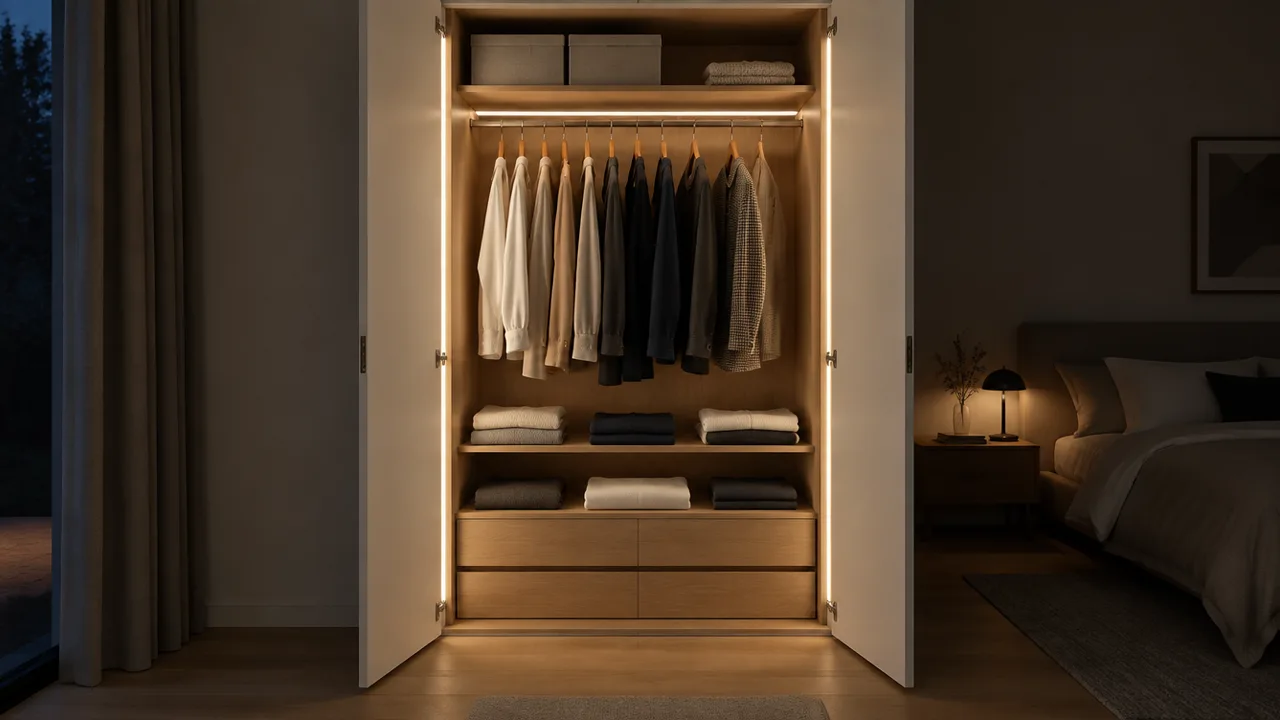 Open wardrobe with vertical LED profiles and a lit hanging rail