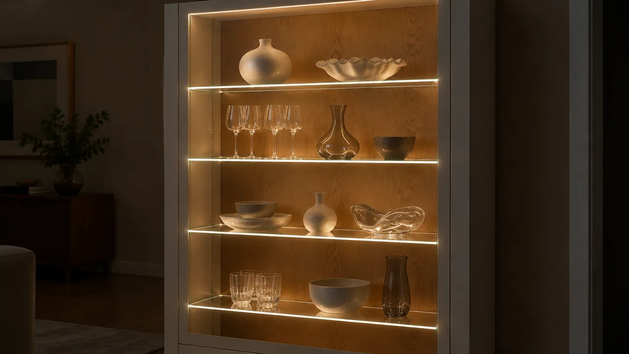 Glass display cabinet with edge-lit LED shelves