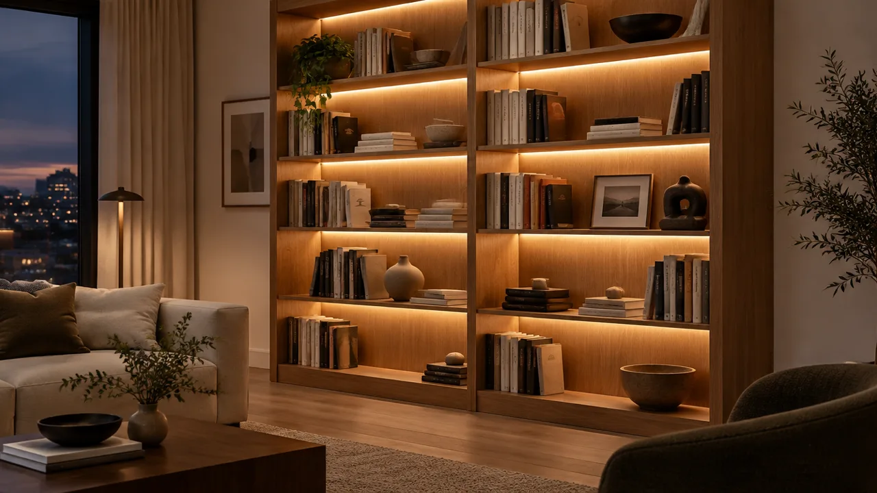 Oak bookcase with recessed LED profiles under each shelf