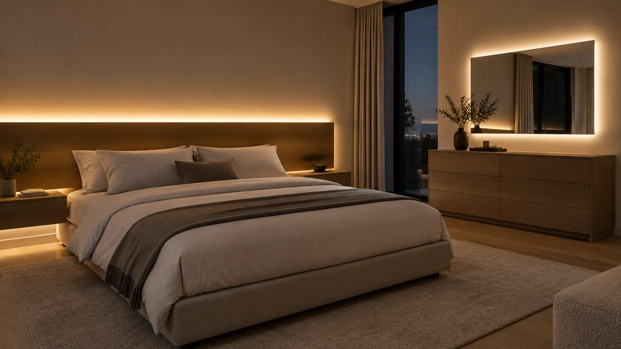 Bedroom headboard with an indirect LED line and a backlit mirror
