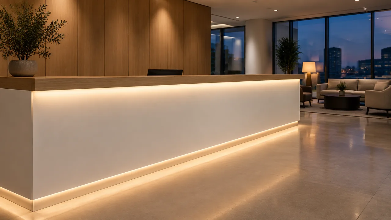 Reception counter with linear LED lines under the overhang and toe recess